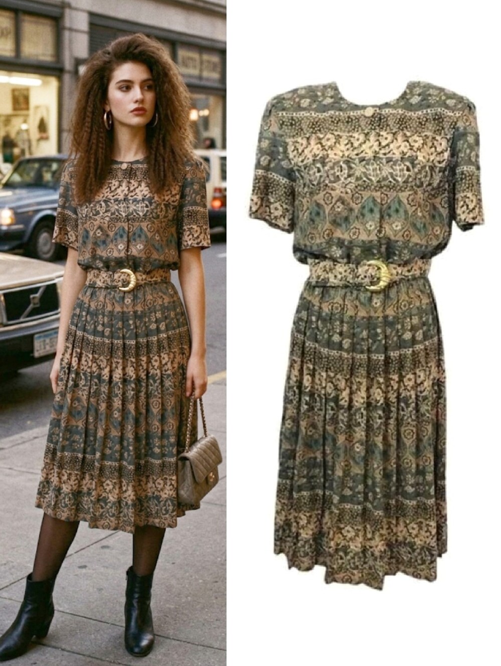 VTG 80s Green Tan Floral Cottagecore Belted Midi Dress SZ 16 *Large